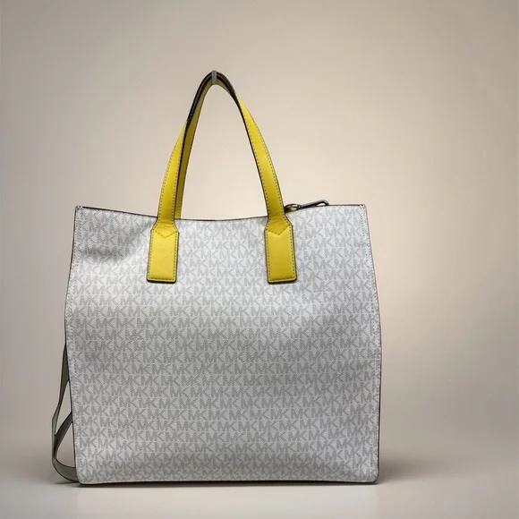 Michael Kors Kenly Large Signature Tote Bag White Yellow Citrus - Picture 2 of 10
